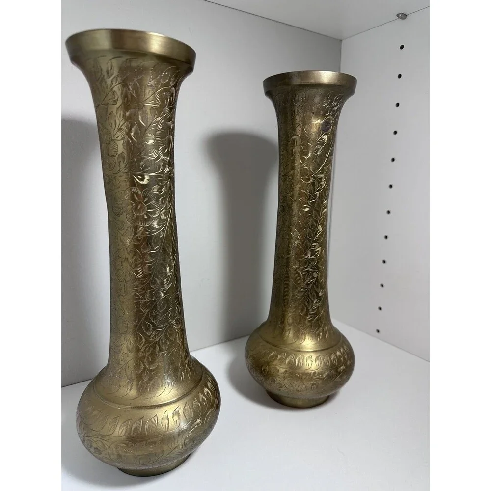 Vintage Pair Etched Brass Vases 11.5” Floral Engraved Made in India Boho Decor